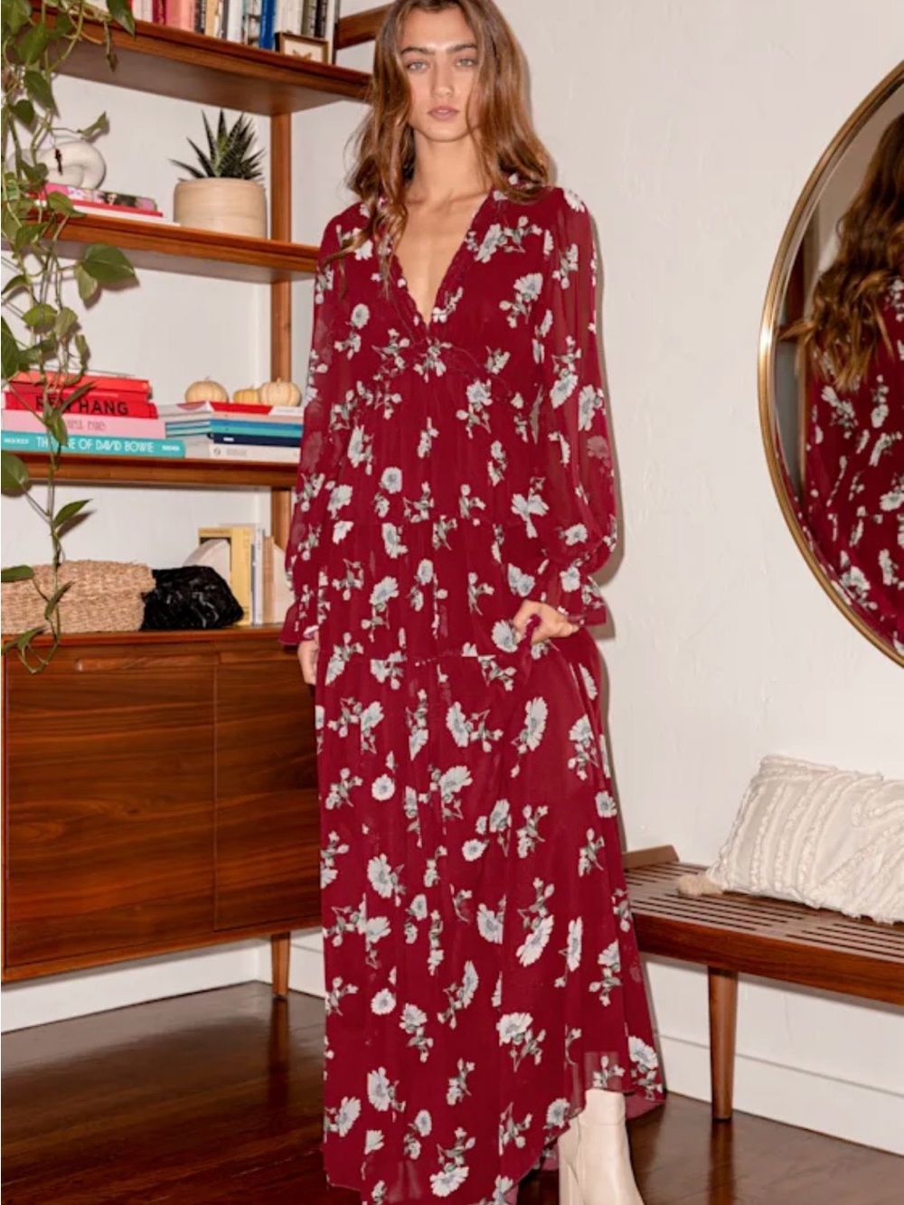 Lulu's Burgundy Floral Tiered Maxi Dress